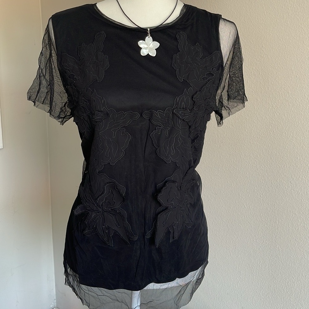 Vera Wang Black Floral Sheer Top Size L